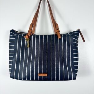 Fossil Womens Striped Heart Print Zip Closure Coated Canvas Tote Black